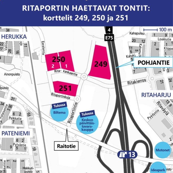 haettavat vapaat yritystontit kartalle merkittynä korttelissa 249 - 251