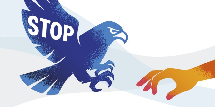 Näppihaukka-toiminnan logo, jossa on haukka, stop-teksti ja käsi.