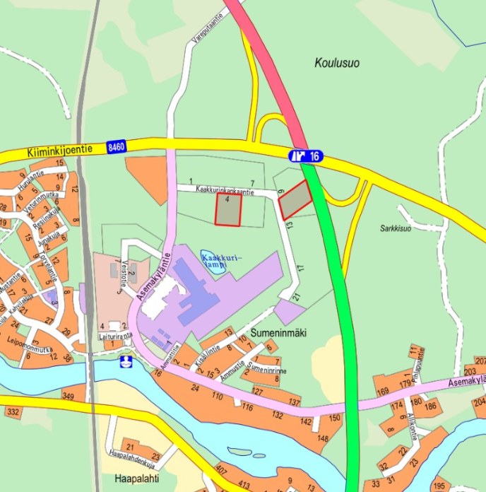 Opaskartalle merkitty huutokauppatontit Kaakurinkankaantie 4 ja Kaakurinkankaantie 11