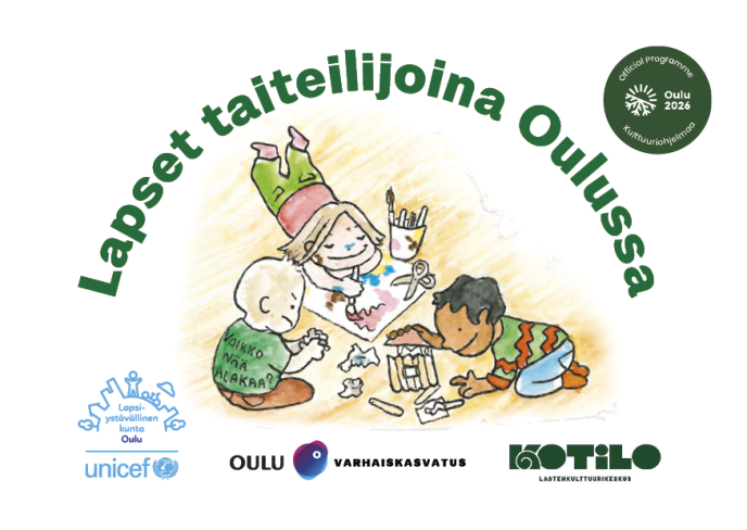 Projektin logo, jossa kolme lasta askartelee lattialla. 