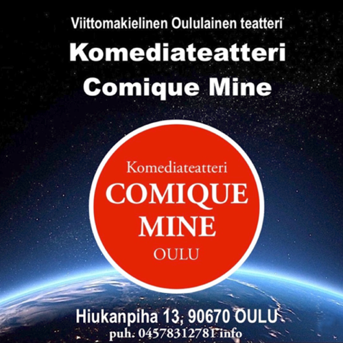 Blue backround, red circle on top with text COMIQUE MINE