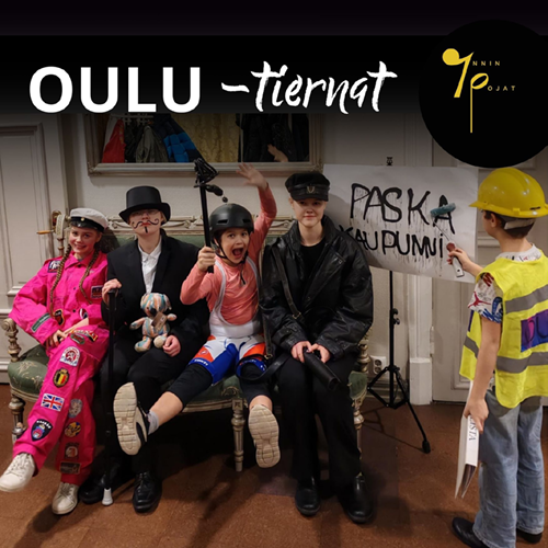 Four children on a row with a text OULU-tiernat